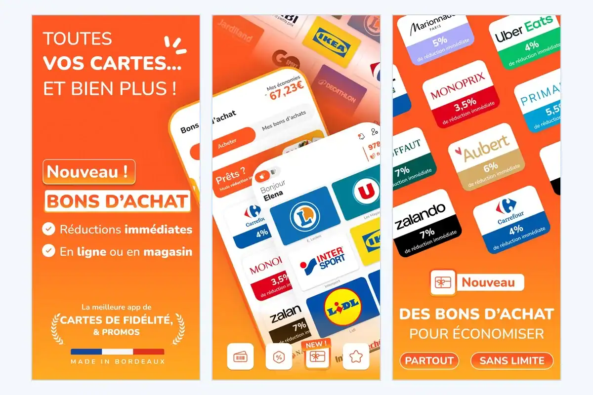 Trois écrans de l’application Fidme : cartes de fidélité et bons d’achat