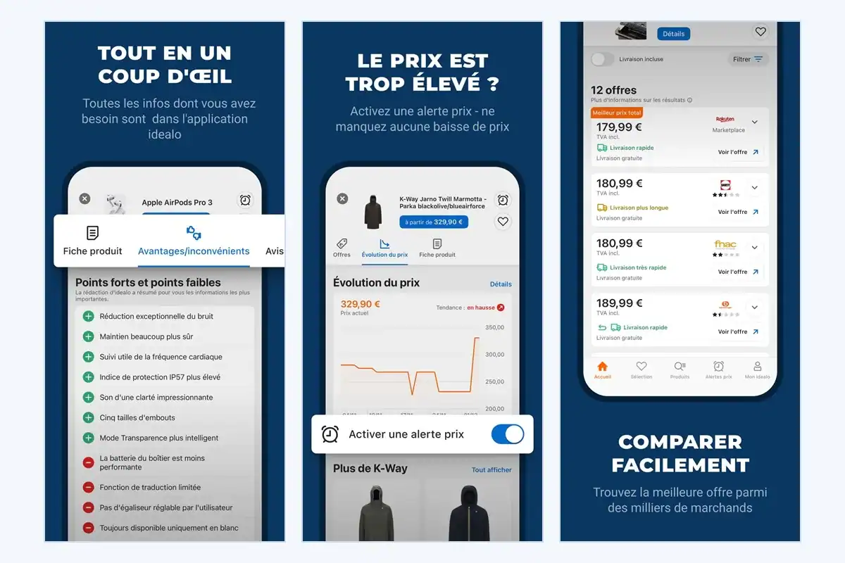 Trois écrans de l’application idealo : points forts et faibles d’un produit, alerte de prix et comparaison des offres