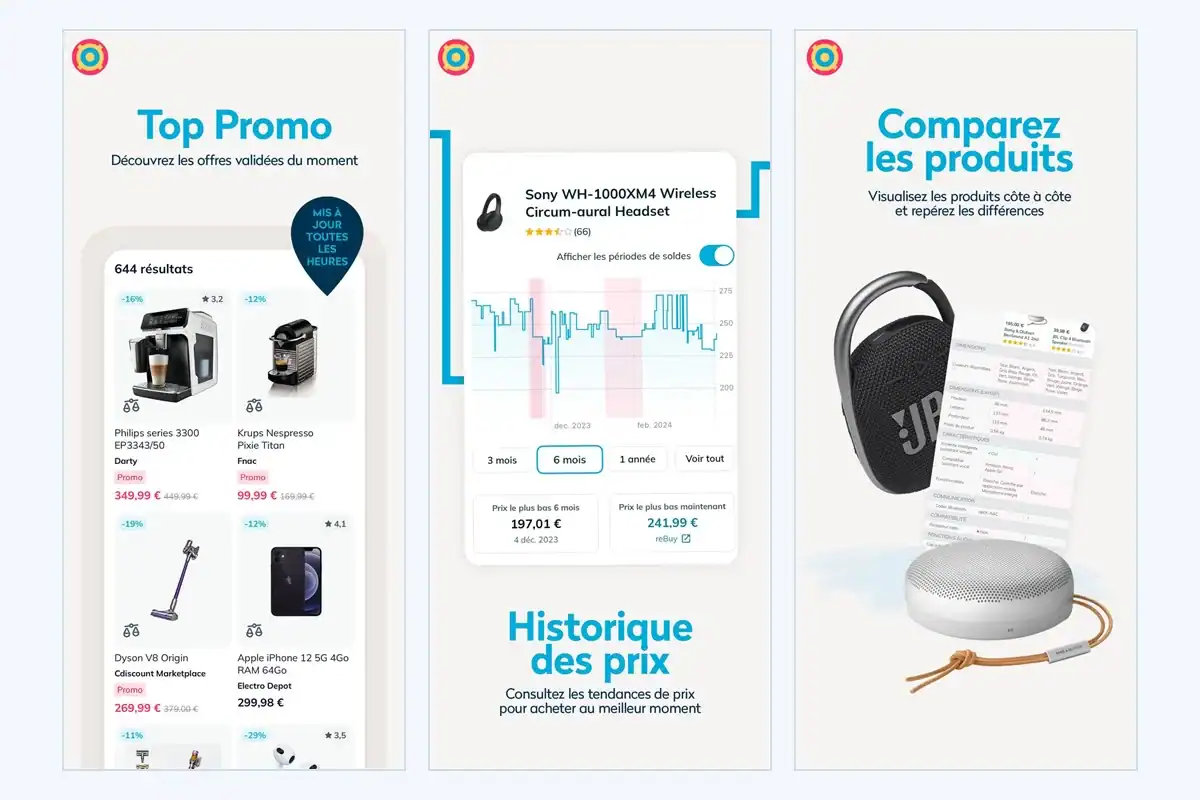 Trois écrans de l’application leDénicheur : Top Promo, historique des prix et comparaison de produits