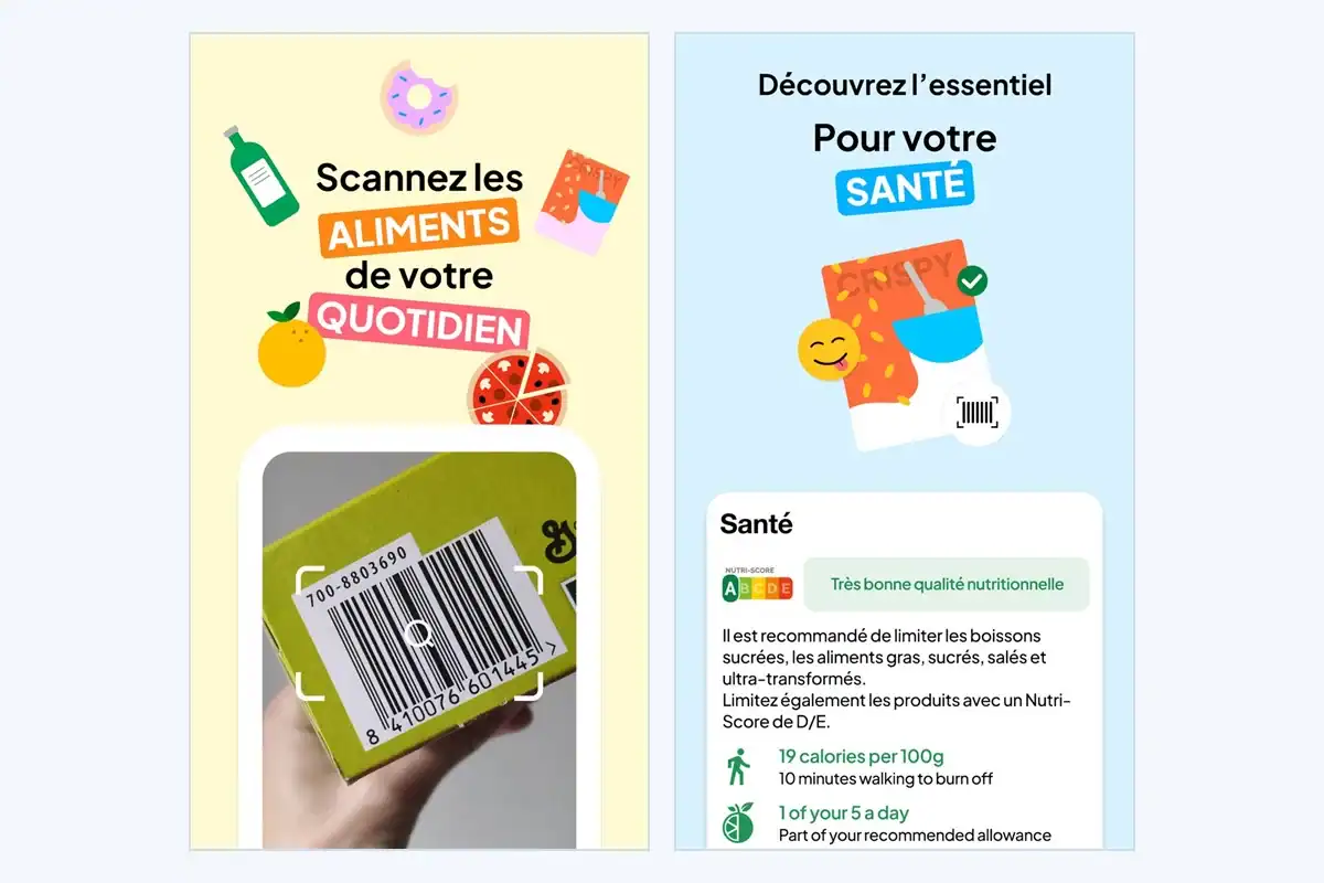 Deux écrans de l’application Open Food Facts : scan des aliments du quotidien et fiche santé avec Nutri-Score