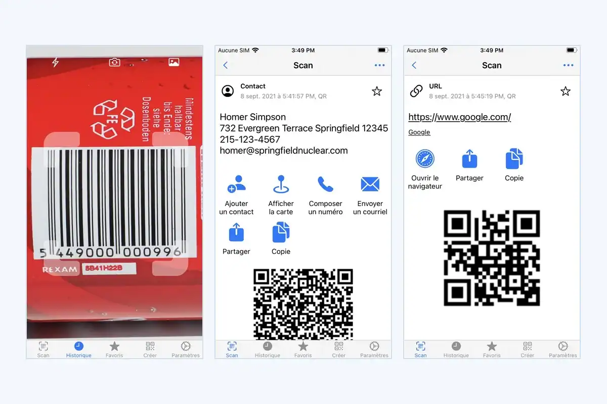 Trois écrans de l’application Scanner QR & Code-barres : scan d’un code-barres, historique et résultat d’un QR code
