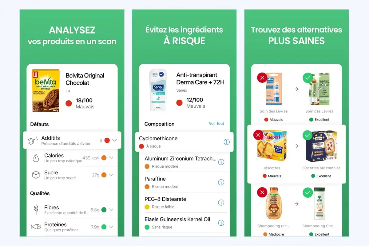 Trois écrans de l’application Yuka : analyse d’un produit, ingrédients à risque et alternatives plus saines