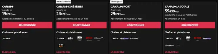 Page des offres de la boutique CANAL+ le 16 octobre 2026 : CANAL+ à 19,99 € par mois, Ciné Séries à 24,99 €, Sport à 29,99 € et La Totale à 59,99 € pendant 12 mois.