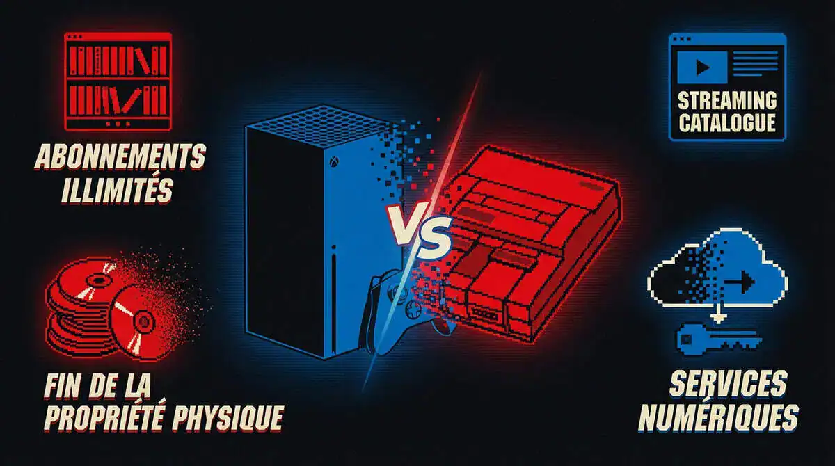 Évolution technologique entre une console rétro et une plateforme de jeu moderne connectée