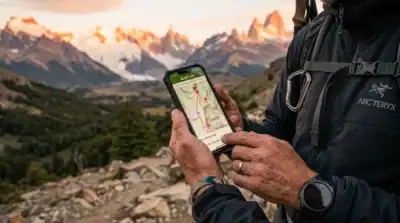 Smartphone affichant une carte GPS hors ligne en montagne pour voyager sans connexion internet en 2026.