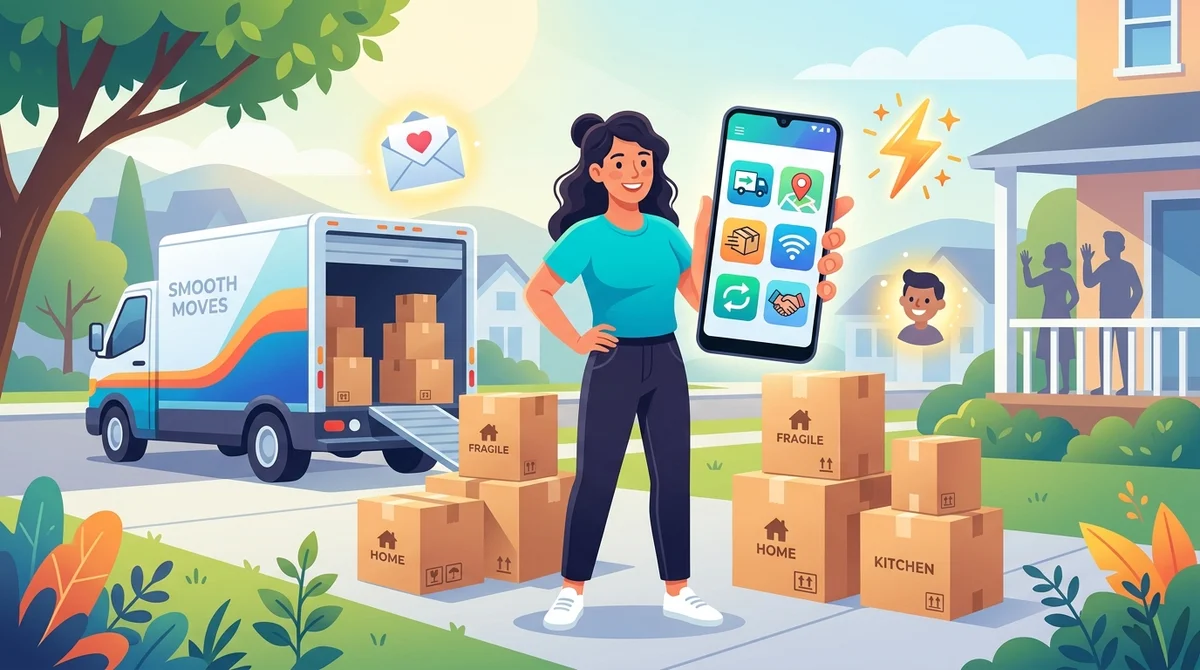 Illustration d'une personne utilisant une application déménagement Android parmi des cartons et un camion de transport.