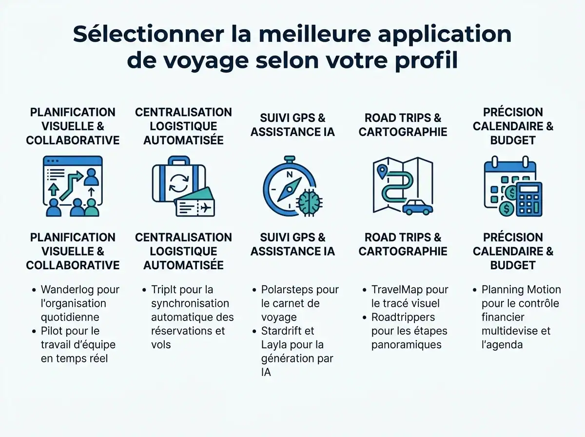 Infographie comparative des meilleures applications de planification de voyage selon vos besoins et votre profil.