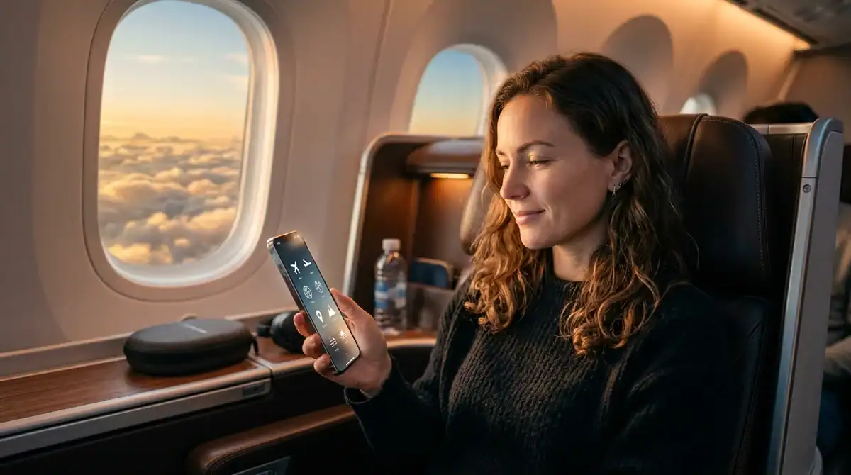 Voyageur consultant une application hors ligne sur smartphone en avion, guide voyage sans connexion internet.