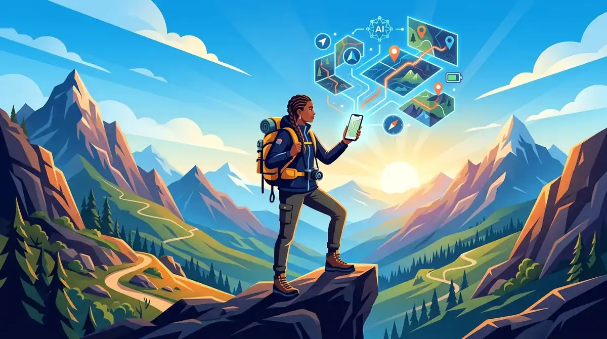 Voyageur en montagne utilisant une carte de navigation hors ligne sur smartphone sans connexion internet.