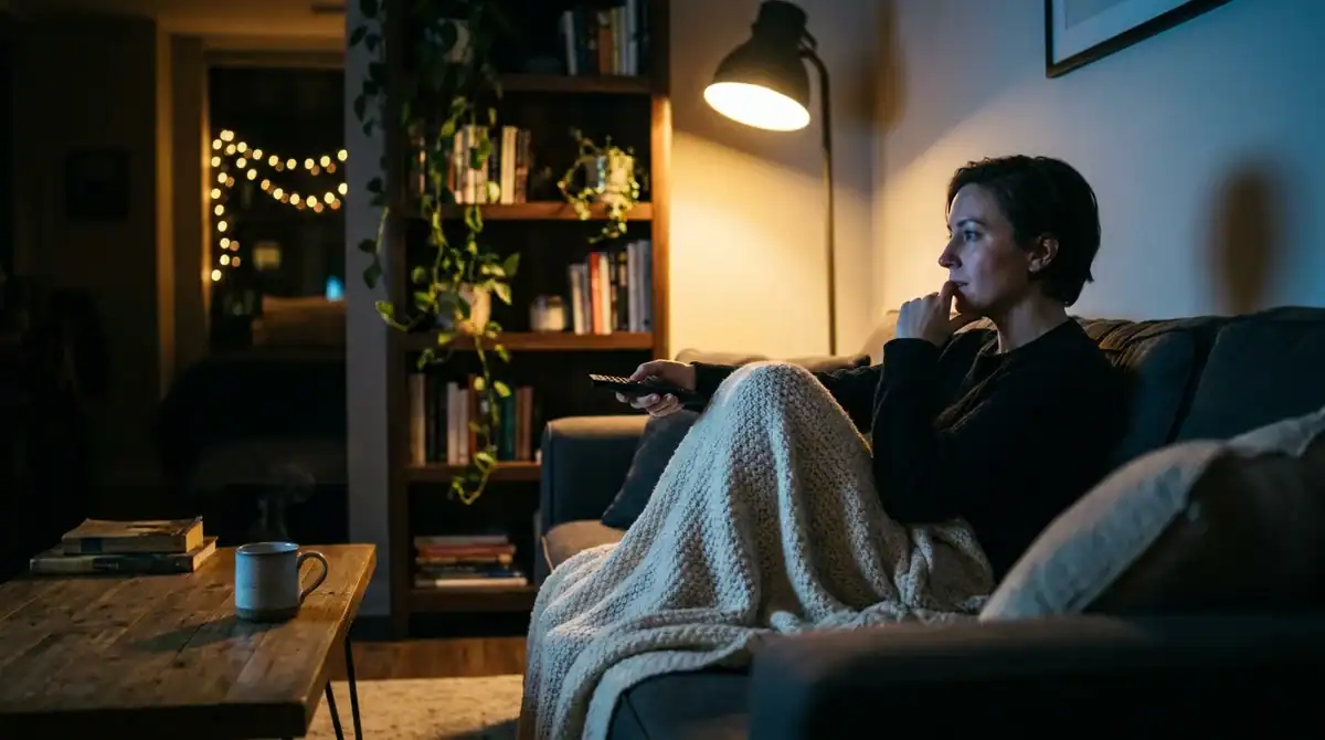 Jeune adulte en soirée cocooning devant un binge-watching, ambiance cosy avec thé dans un salon moderne.