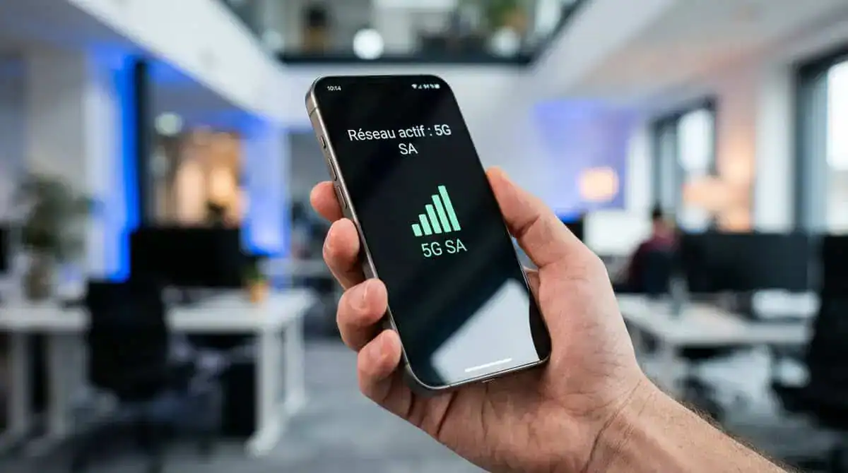 Main tenant un smartphone affichant une connexion 5G SA réussie après un changement d'opérateur mobile.