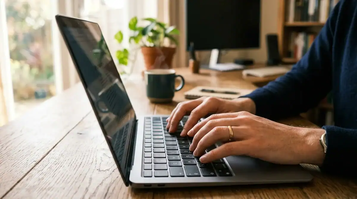 Mains tapant sur un clavier d'ordinateur pour créer un mot de passe robuste et sécurisé dans un bureau moderne.