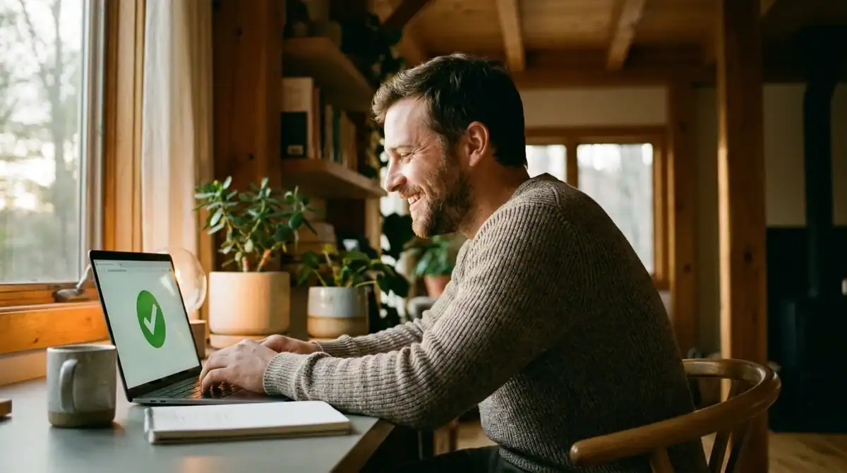 Freelance satisfait travaillant sur ComeUp dans un bureau moderne et chaleureux pour gérer ses services en ligne.
