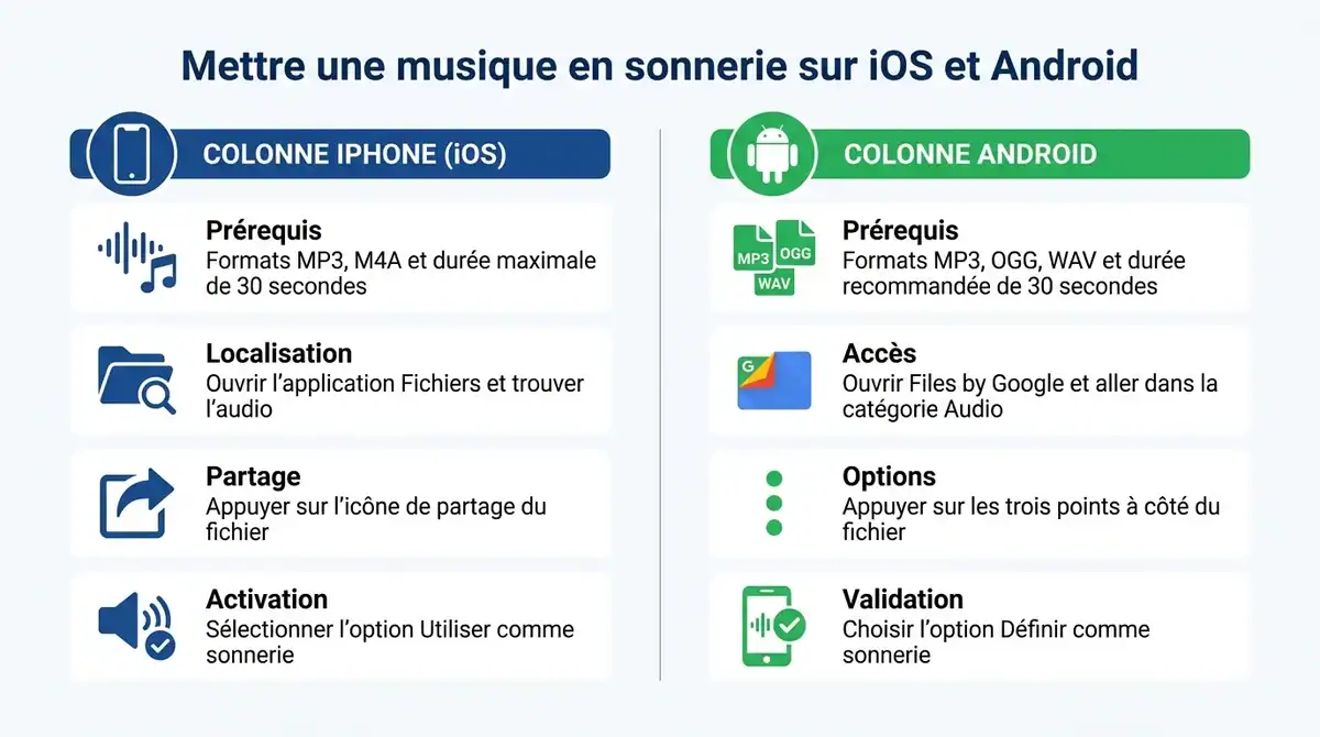 Infographie comparative expliquant comment configurer une musique en sonnerie sur iOS et Android.