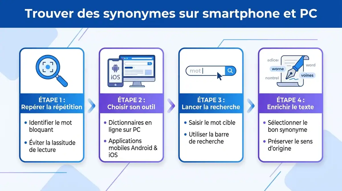 Infographie en 4 étapes pour trouver facilement des synonymes sur smartphone et PC afin d'enrichir ses textes.