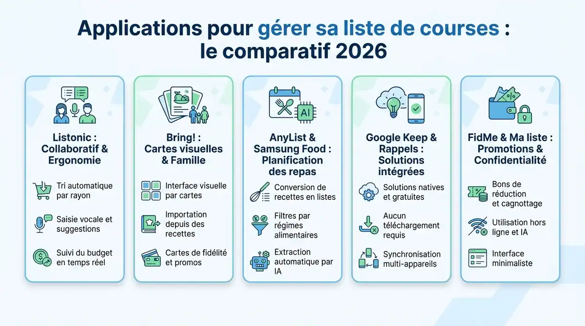 Infographie comparative des meilleures applications de liste de courses en 2026.