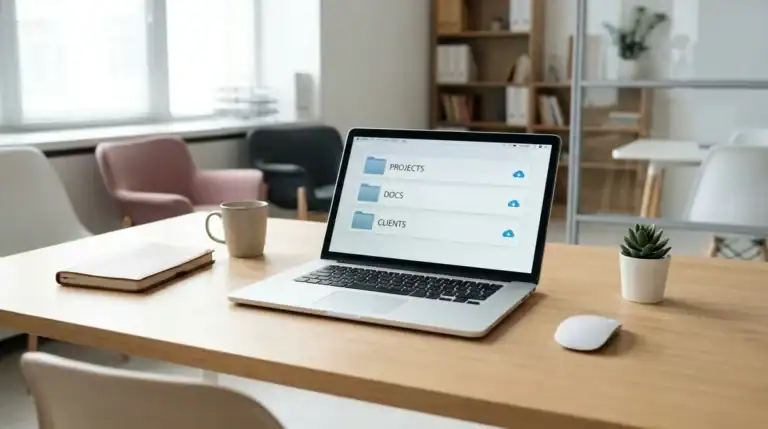Espace de travail moderne avec ordinateur affichant des dossiers et icônes de synchronisation cloud pour le comparatif 2026