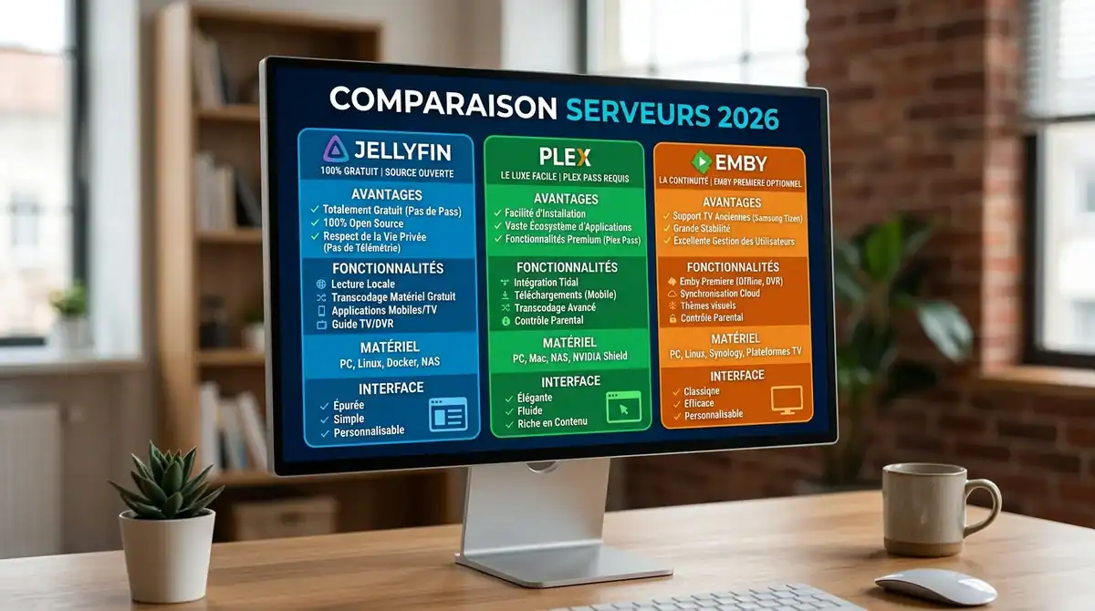 Comparatif 2026 des serveurs multimédias Plex, Jellyfin et Emby : infographie des fonctionnalités et avantages.