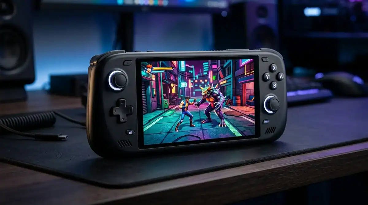 Console Retroid Pocket 5 avec écran OLED affichant un jeu rétro 3D, posée sur un bureau de jeu sombre et élégant.