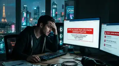 Homme devant un écran indiquant site bloqué et risques de malware pour Cpasmieux en 2026.