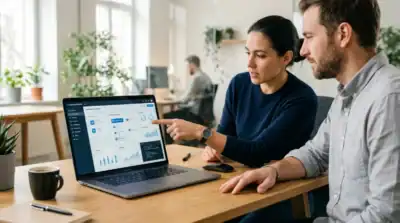 Développeur et expert collaborent sur Microsoft Power Apps pour créer une application métier en entreprise.