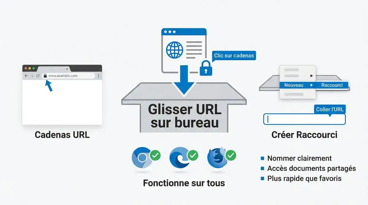 Illustration de la création d'un raccourci web sur un bureau Windows
