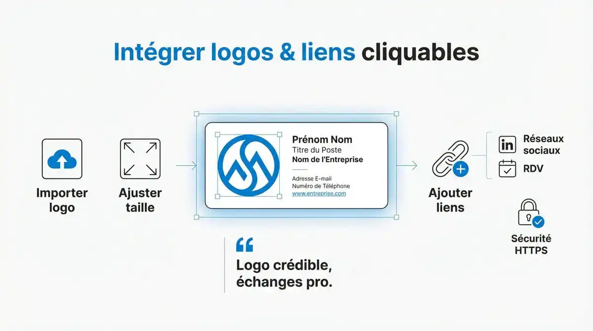 Interface de création d'une signature Outlook professionnelle avec logo et liens