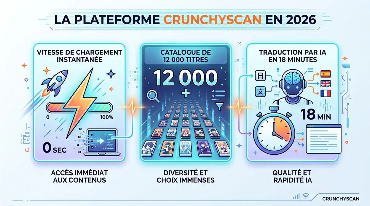Infographie CrunchyScan 2026 : catalogue de 12 000 scans, chargement instantané et traduction par IA.