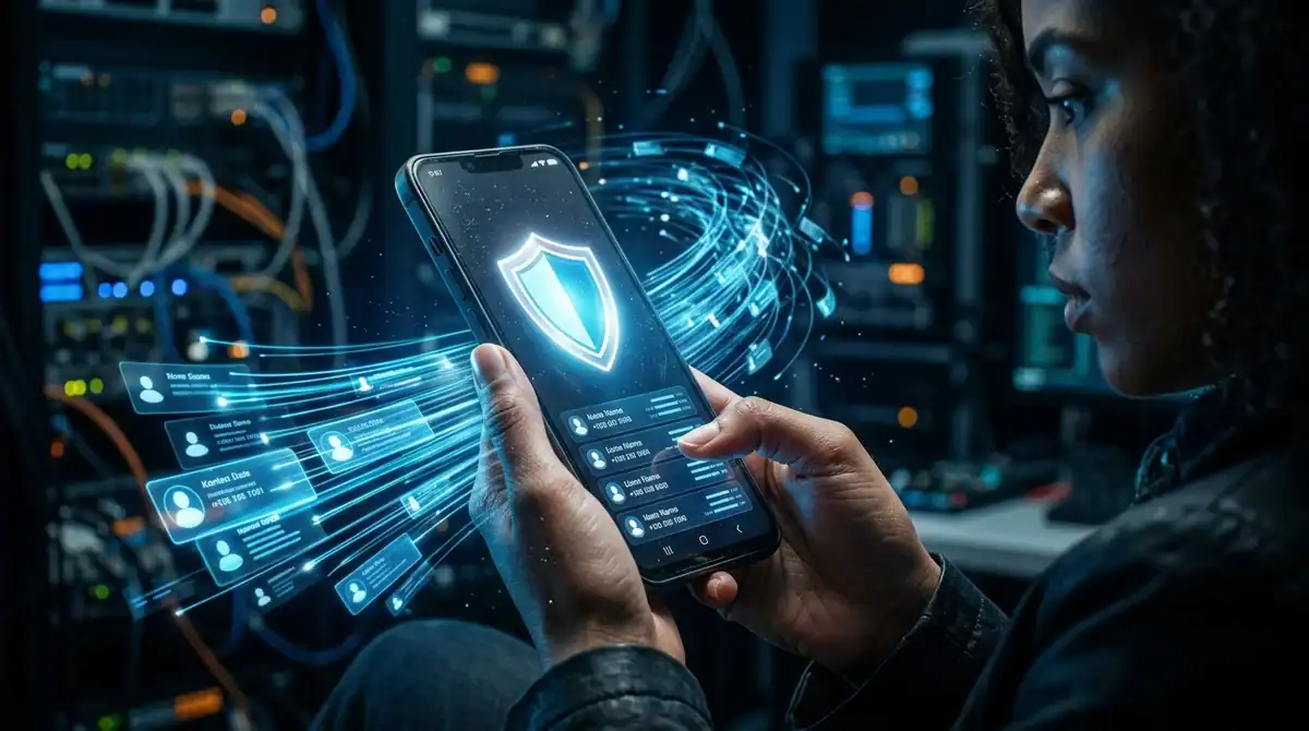 Smartphone avec bouclier numérique montrant comment démasquer un numéro masqué pour identifier un appelant inconnu.