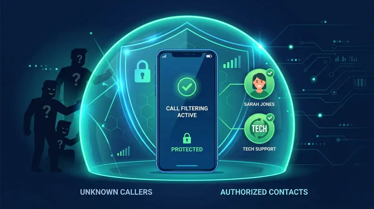 Illustration smartphone filtrant les numéros masqués et appels anonymes via un bouclier numérique sécurisé.