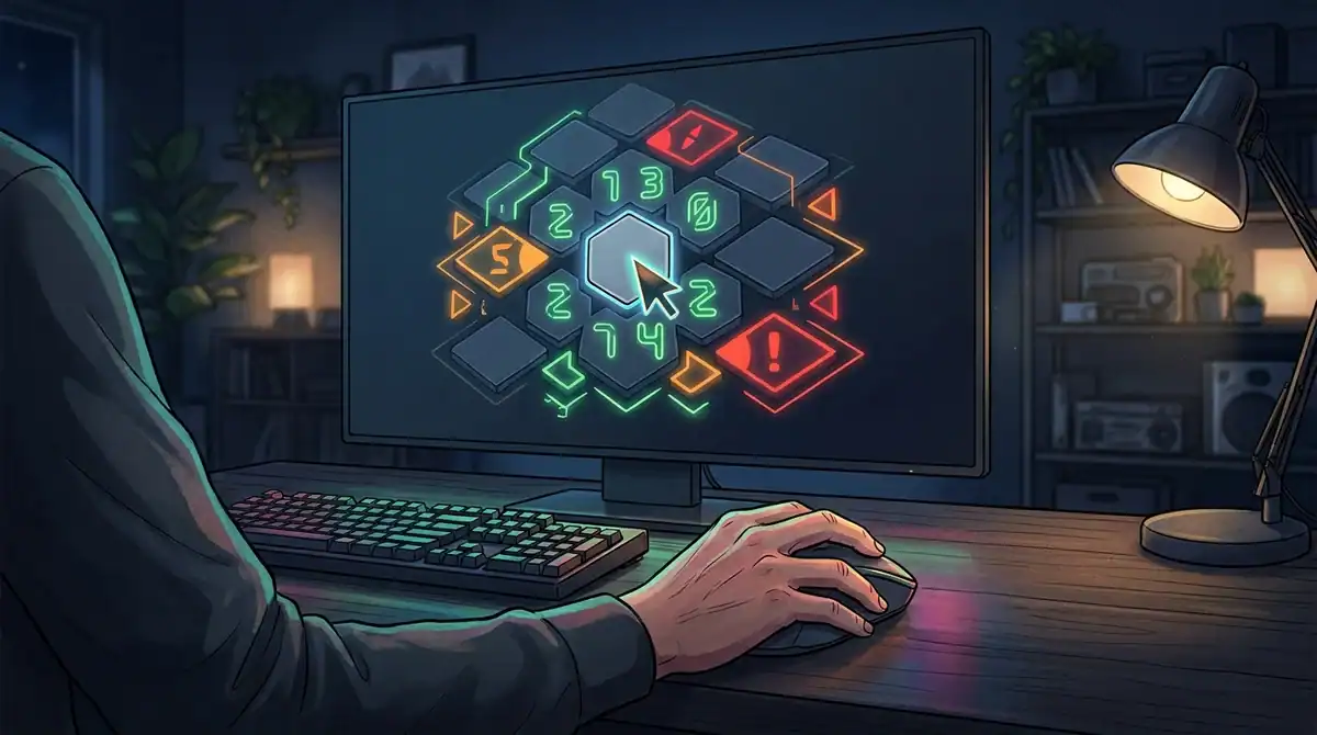 Joueur concentré jouant au Démineur Google sur un écran futuriste dans un bureau moderne pour gagner en 2026.