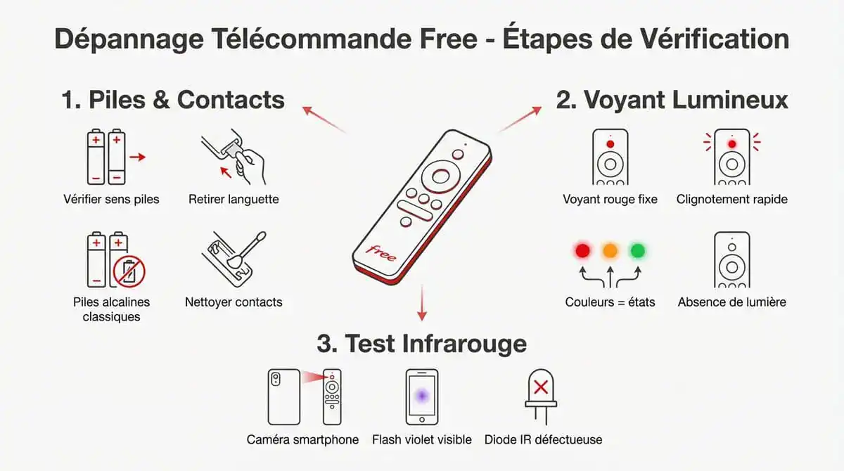 Procédure de vérification des piles et du capteur de la télécommande Freebox