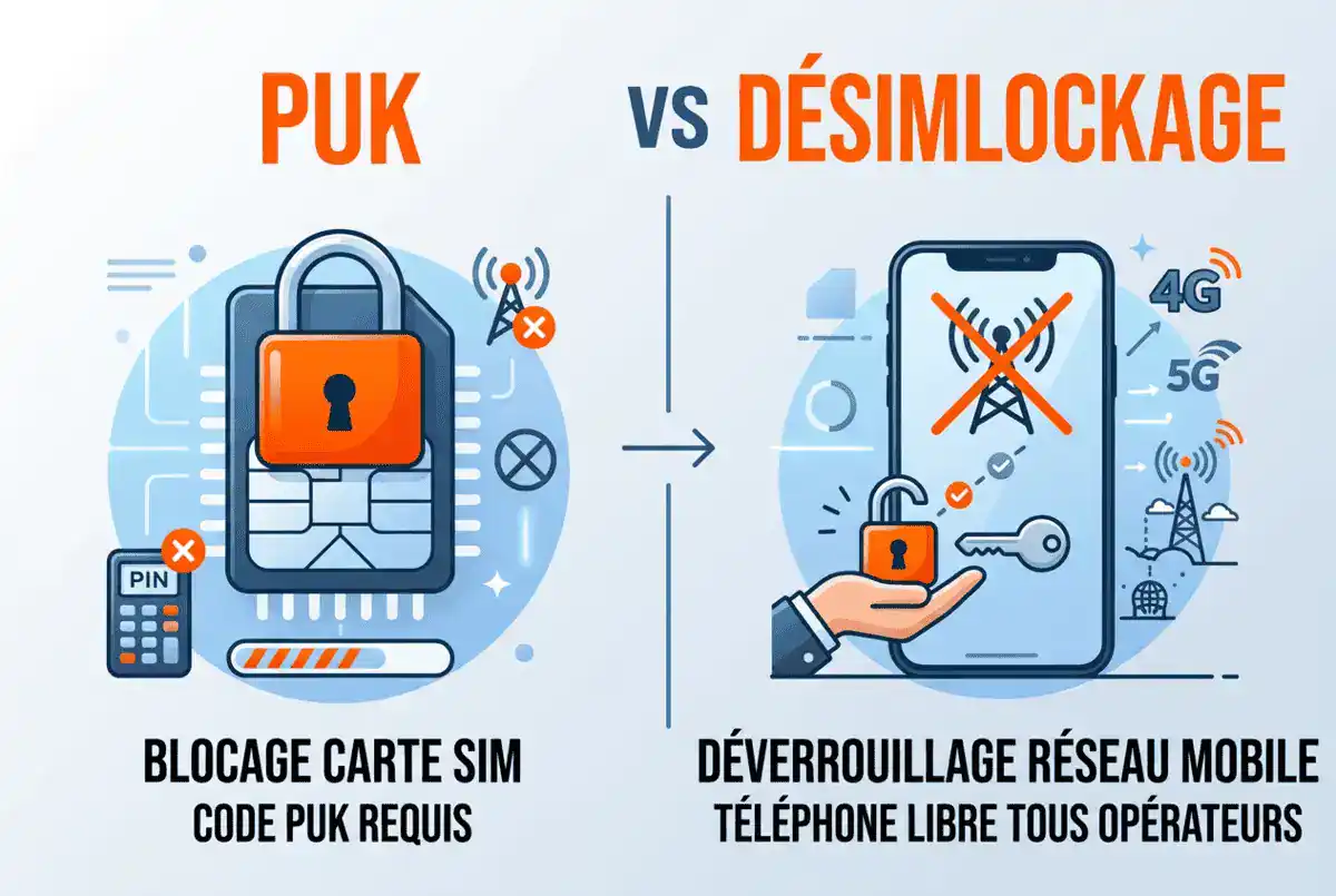 Infographie comparant le blocage de carte SIM nécessitant un code PUK et le verrouillage réseau demandant un désimlockage du téléphone.