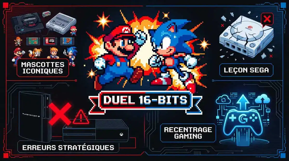 Illustration du duel historique entre consoles 16-bits et l'évolution du jeu vidéo