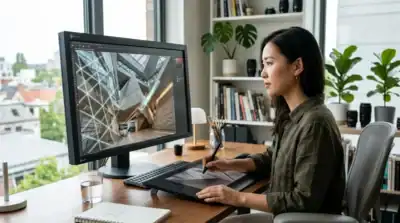 Graphiste utilisant une IA pour enlever un filigrane sur une photo d'architecture dans un studio moderne.