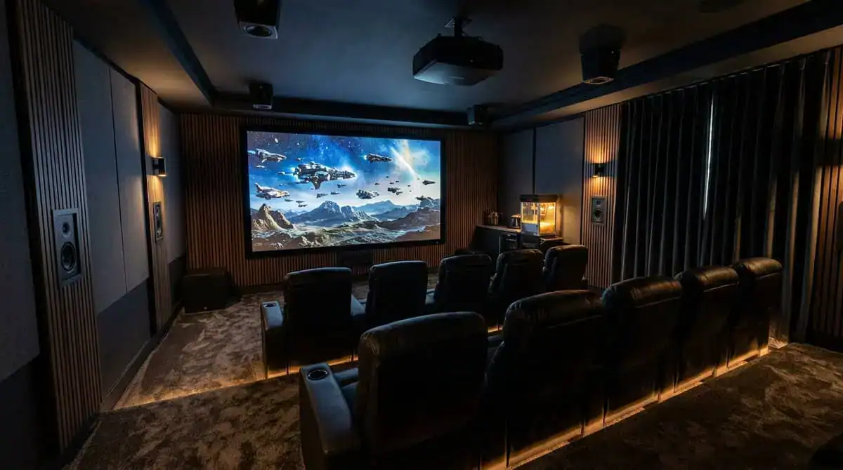 Exemple d'une pièce dédiée au cinéma dans une maison