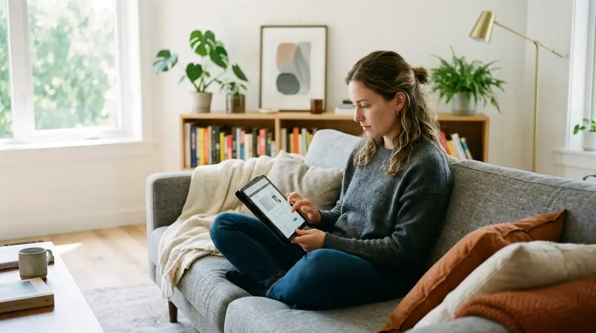Jeune femme consultant un site de streaming sur tablette dans un salon moderne, ambiance détendue et surveillance web.