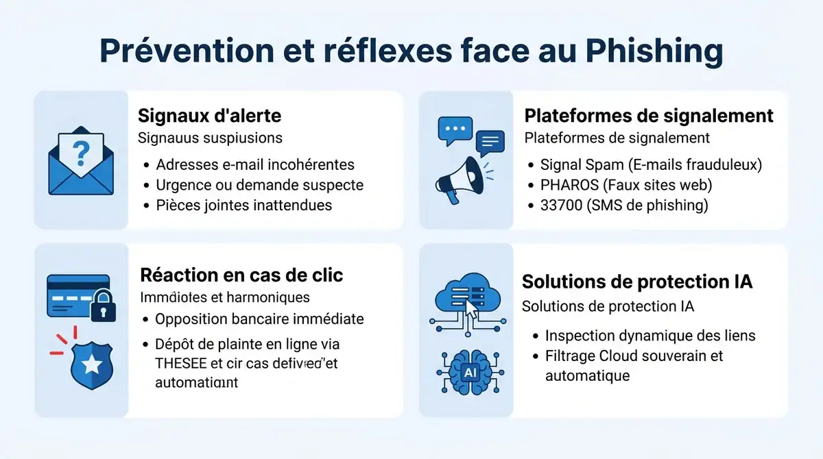 Infographie explicative sur la détection du phishing, les plateformes de signalement et la réaction en cas de piratage.