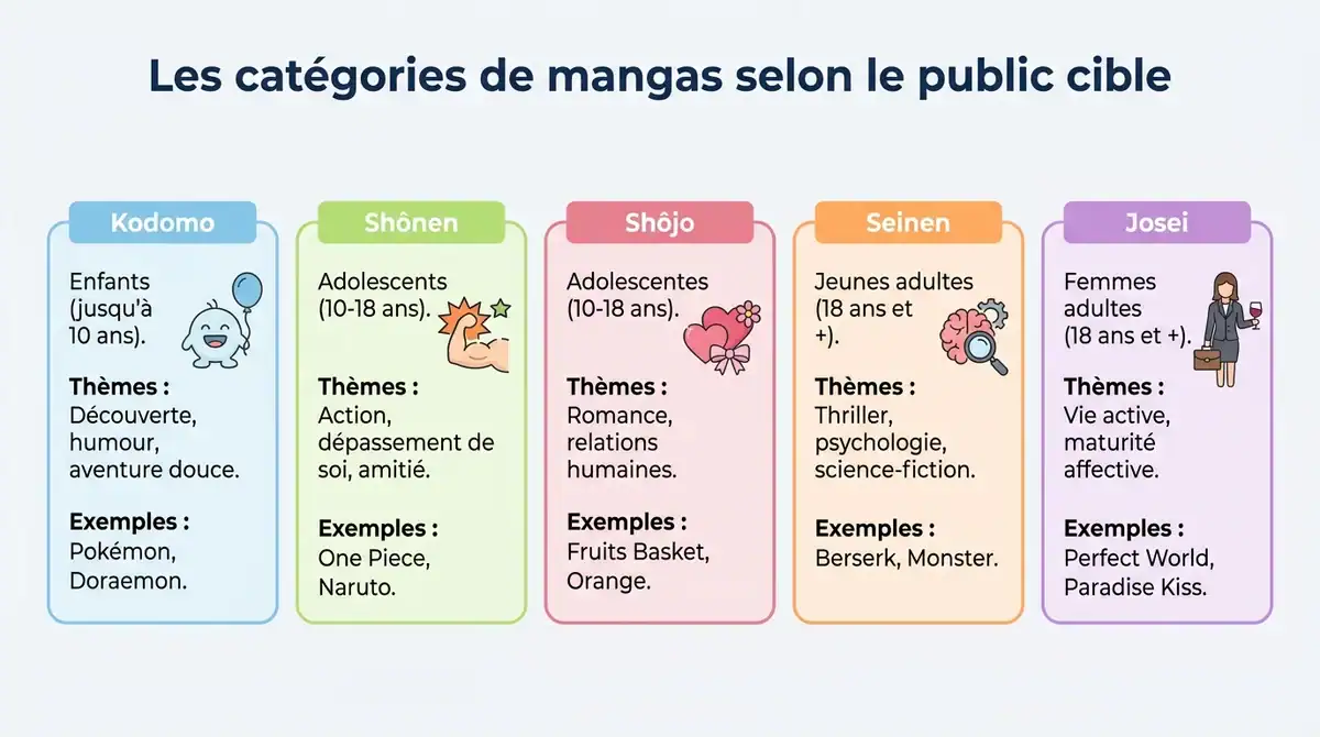 Infographie comparative des 5 categories de mangas : Kodomo, Shonen, Shojo, Seinen et Josei.