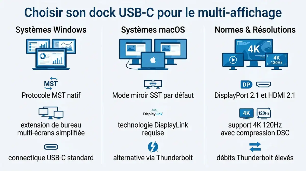 Infographie comparative des docks USB-C selon la compatibilité Windows, macOS et les normes d affichage video.