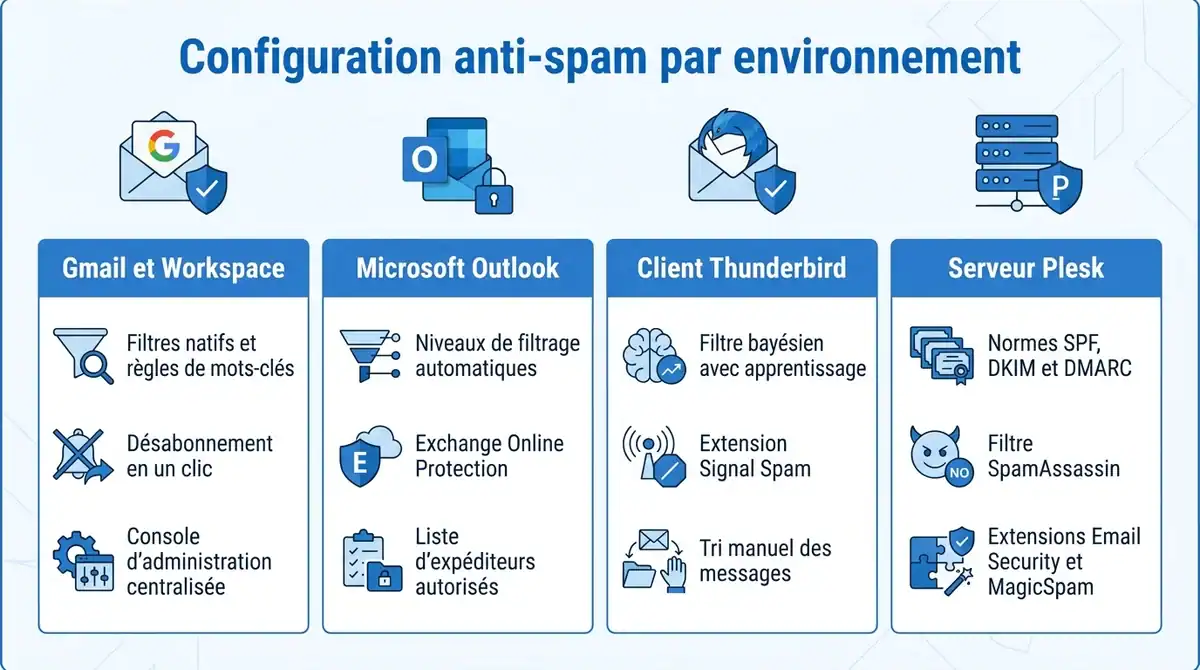 Infographie comparative des méthodes de configuration anti-spam pour Gmail, Outlook, Thunderbird et serveur Plesk.