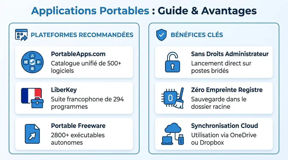 Infographie synthétisant les meilleures plateformes et les avantages des logiciels portables sans installation.