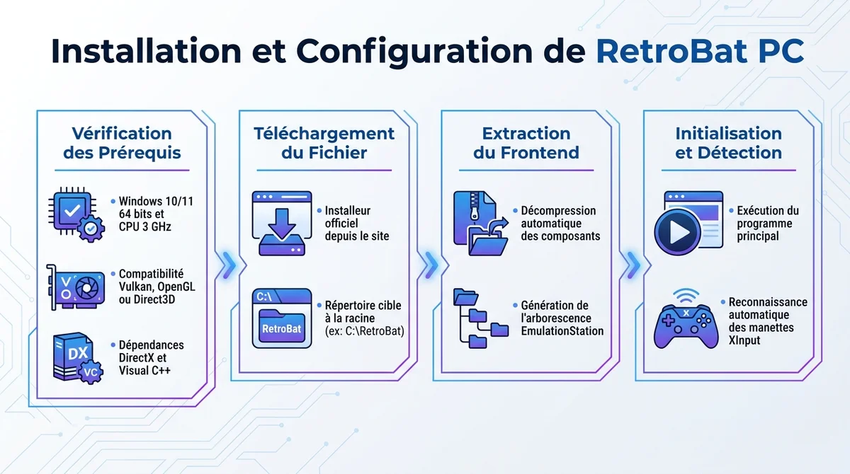 Infographie expliquant la configuration minimale et les etapes d'installation de RetroBat PC sous Windows.