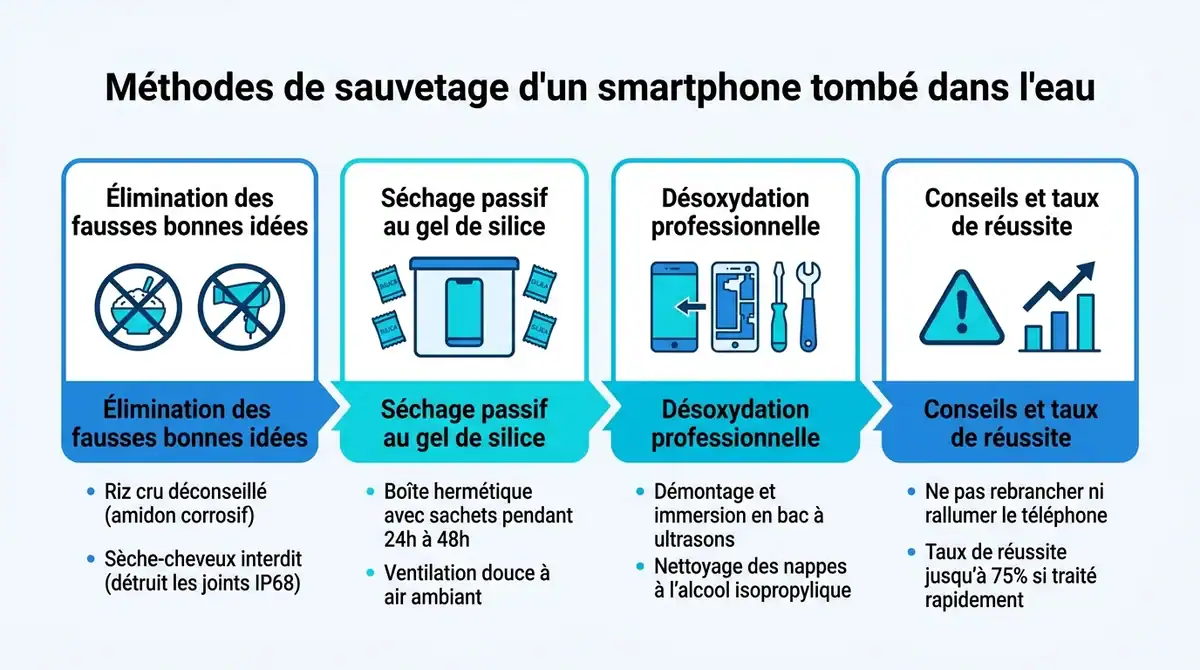 Infographie expliquant comment sécher et désoxyder un smartphone tombé dans l'eau avec du gel de silice.