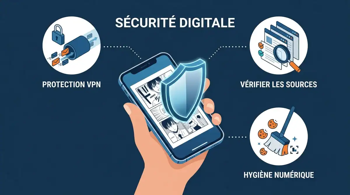 Infographie sécurité digitale pour Sekai One : protection VPN et scans de mangas en streaming sécurisé.