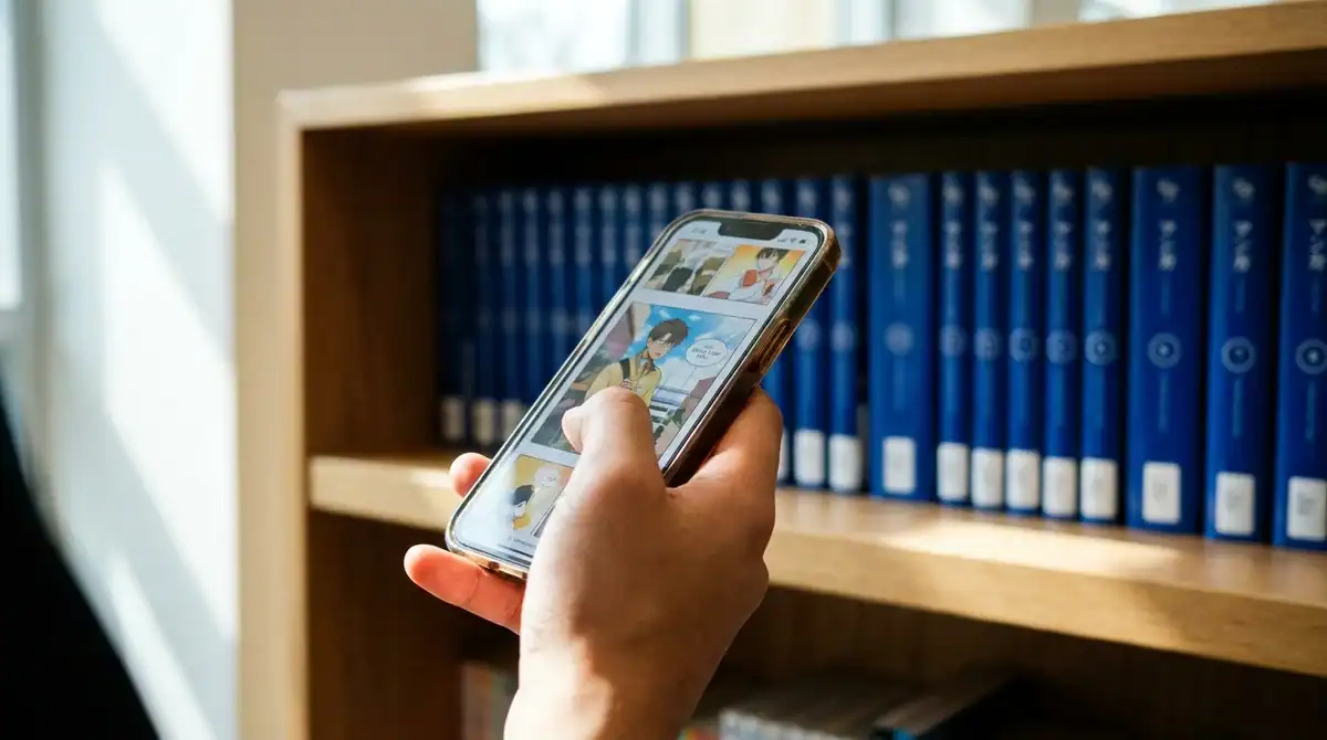 Main tenant un smartphone affichant des mangas en ligne devant une bibliothèque moderne avec des livres de mangas bleus.