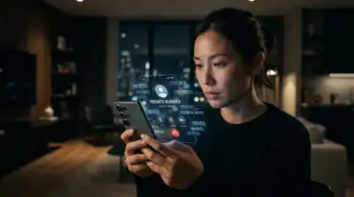 Smartphone identifiant un numéro masqué avec une interface digitale moderne dans une pièce sombre.