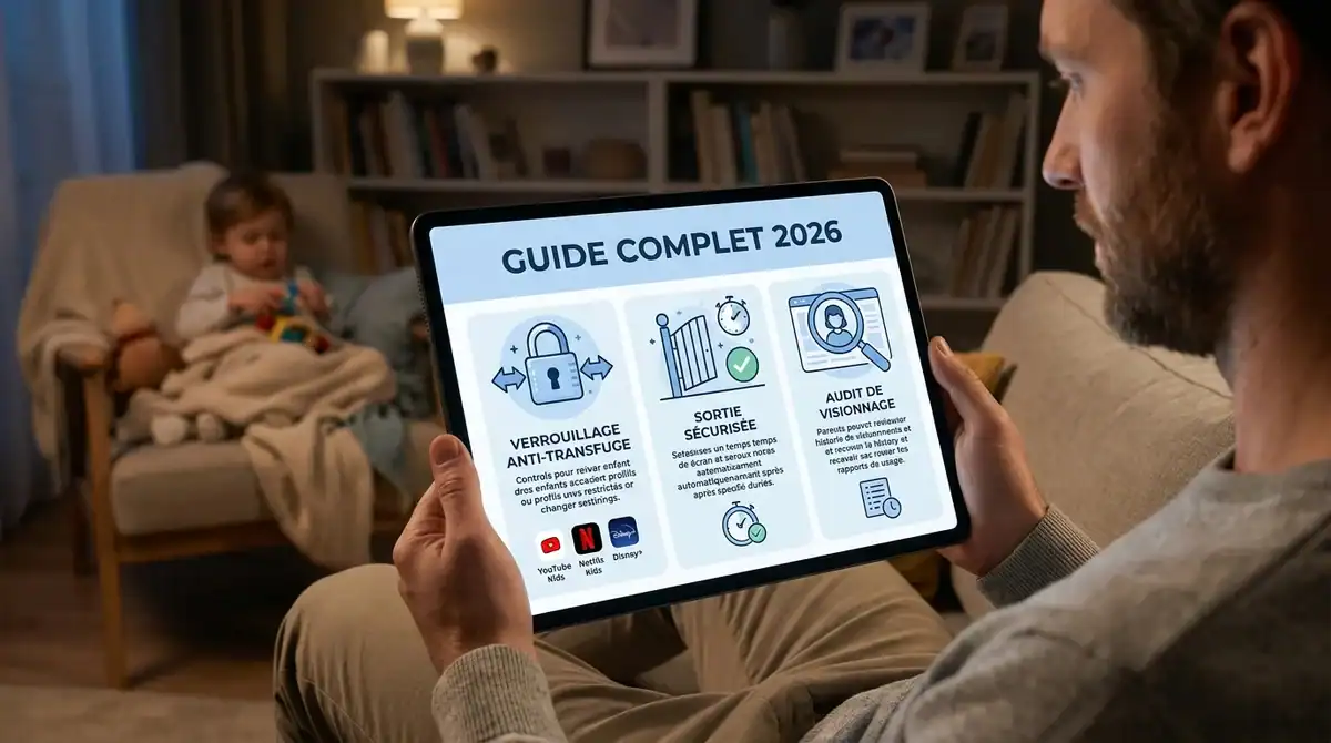 Infographie du guide 2026 sur le contrôle parental Netflix, Disney+ et YouTube affichée sur une tablette.