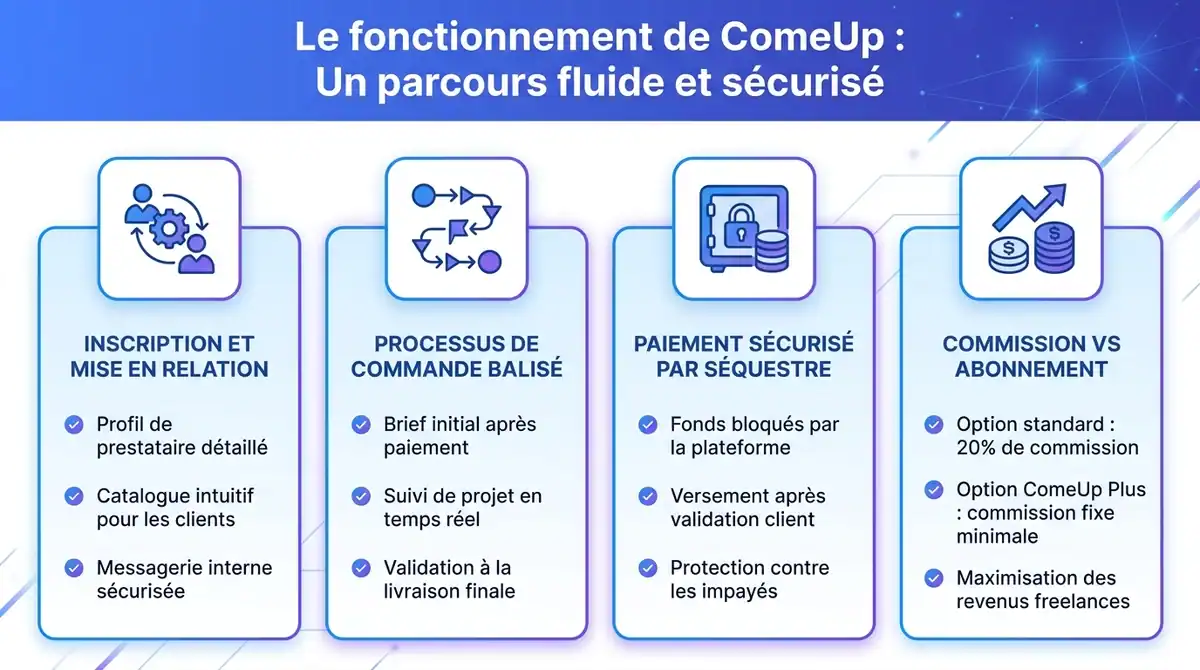 Infographie expliquant le fonctionnement de ComeUp : inscription, commande, paiement sécurisé et commissions.