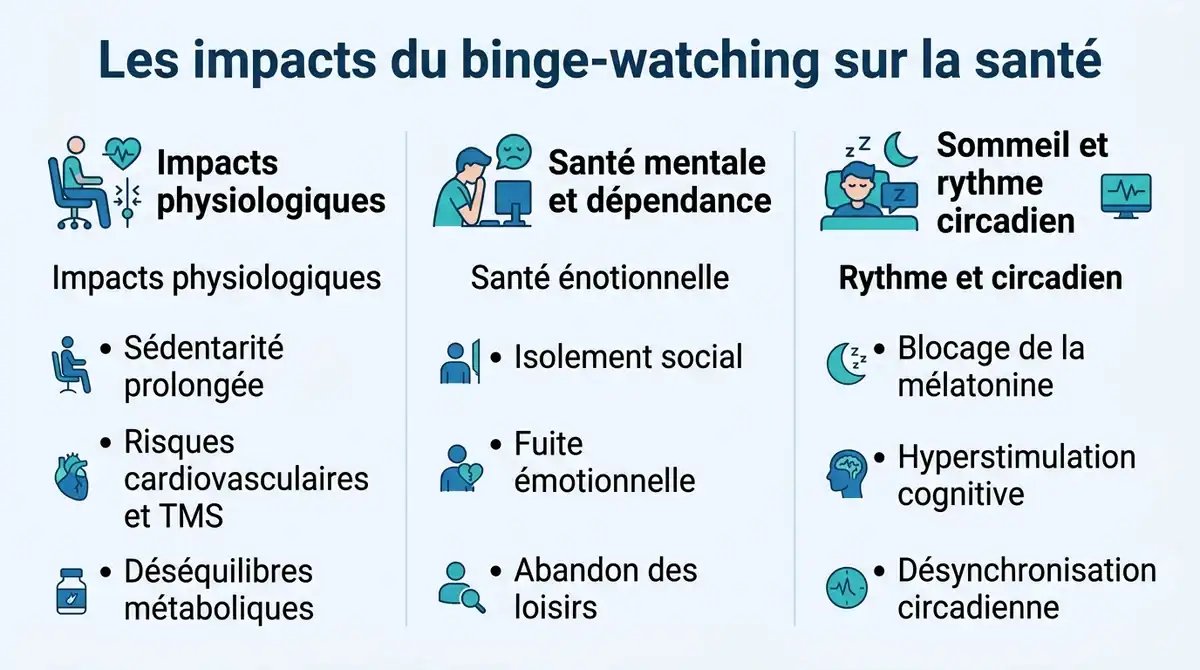 Infographie detaillant les effets du binge watching sur la sante physique, la sante mentale et le sommeil.